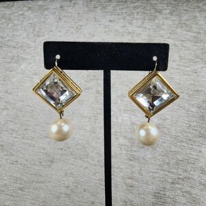 Vintage Givenchy gold-tone clear rhinestone dangle faux pearl earrings 2"
